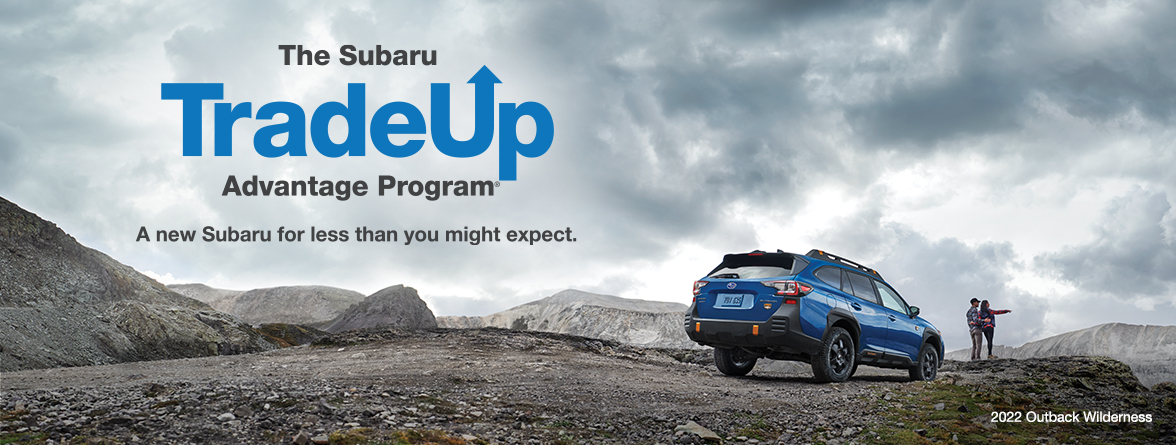A 2022 Outback Wilderness in blue with the sentence 'A new Subaru for less than you might expect.'